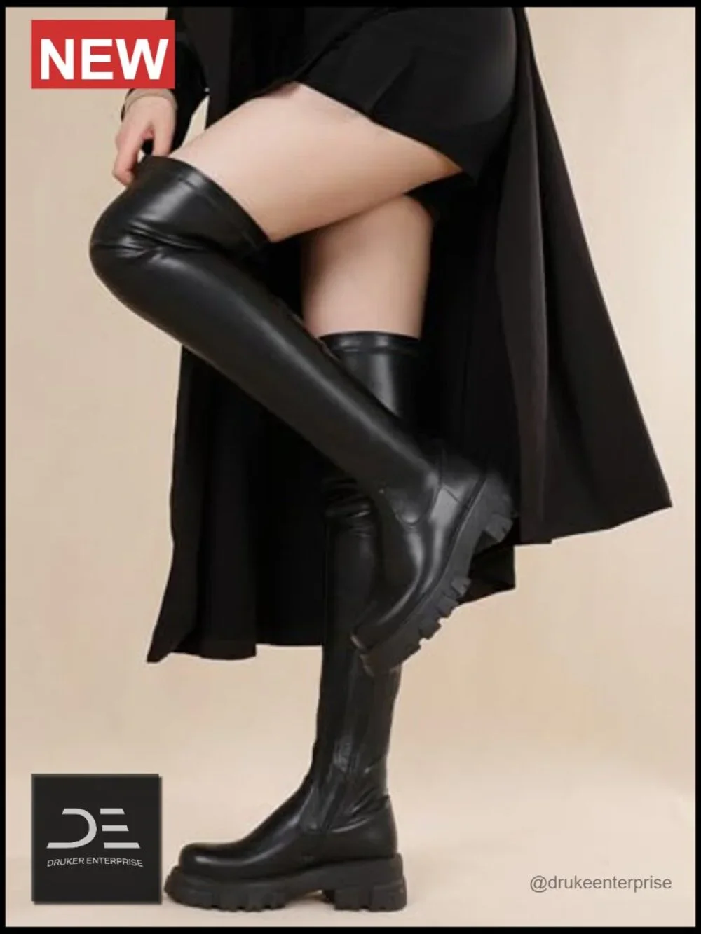 Over the Knee Boots Platform Block Heel Side Zip Stretch PU Leather